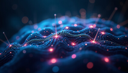 Abstract artificial intelligence neural network waves pulsing with blue light. Future data flow background.