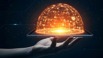 Hand holding tablet with glowing orange digital globe on screen