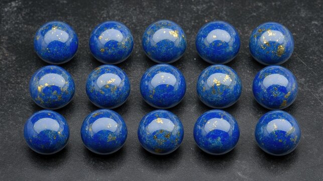 Polished lapis lazuli spheres with golden flecks shimmering on a dark background