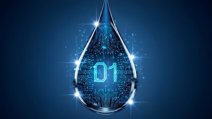 Glowing blue digital waterdrop with circuit board and binary code inside