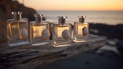 Perfume bottles with seashell accents displayed on weathered driftwood