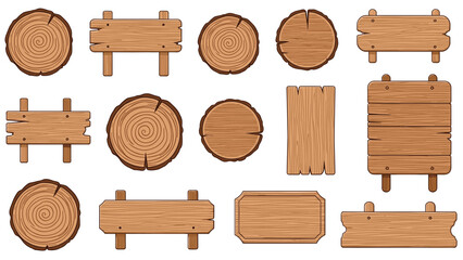 Fototapeta premium Extensive collection of diverse wooden signs and natural wood slices, featuring various shapes, textures, and orientations, ideal for rustic designs.