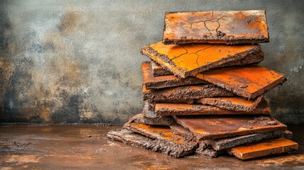 Pile of cracked and mud-caked ceramic tiles with rusty orange surfaces stacked against a textured wall