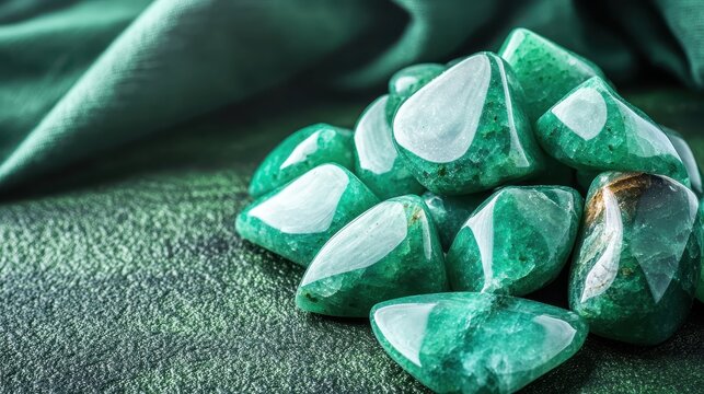 Polished green aventurine stones with a vibrant hue displayed in a textured natural setting