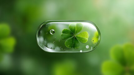 A vibrant four leaf clover encapsulated within a glistening water droplet
