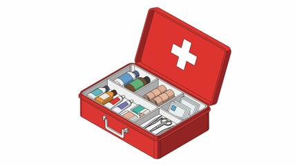 Open first aid kit with medical supplies for emergencies and healthcare