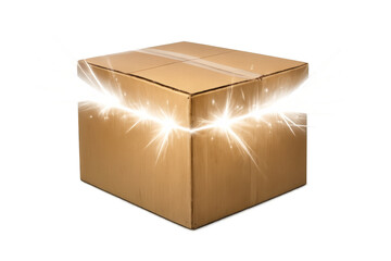Cardboard box creating magical golden light, glowing surprise package, delivering a mystery gift on transparent background