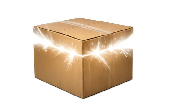 Cardboard box creating magical golden light, glowing surprise package, delivering a mystery gift on transparent background