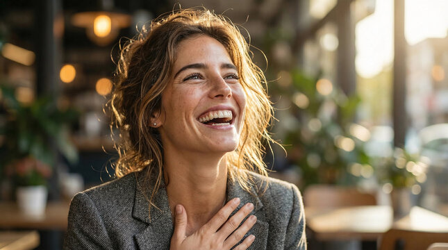 Joyful woman with hand on chest laughing heartily in a sunlit cafe setting