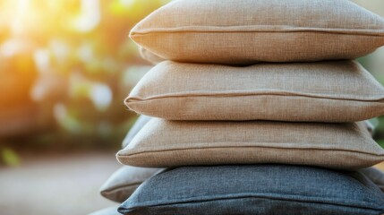 Fototapeta premium Stack of comfortable outdoor cushions with textured fabric in warm sunlight