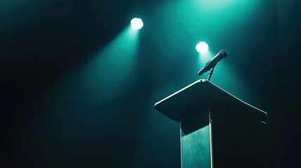 A single microphone sits on a custom-made lectern illuminated by two spotlights on an empty stage awaiting a speaker and their presentation