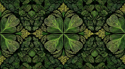Intricate floral pattern with repeating green and yellow botanical elements
