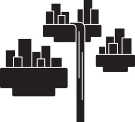 Obraz premium Black silhouettes of multiple city skylines on abstract platforms connected by vertical water channel