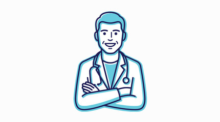Fototapeta premium Professional doctor with arms crossed wearing a white coat and stethoscope, illustration in blue and white
