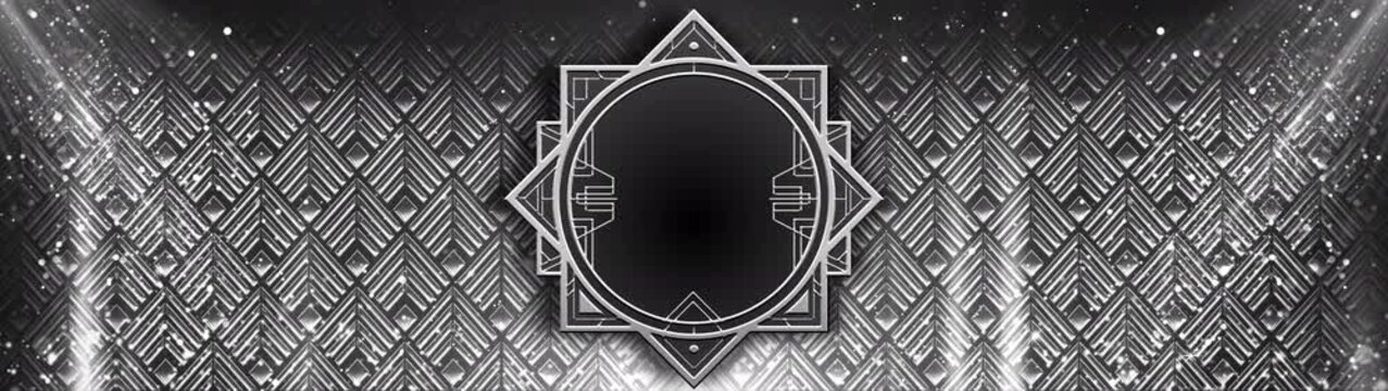 Luxury Art Deco Silver Frame Background with Spotlights and Glitter Particles