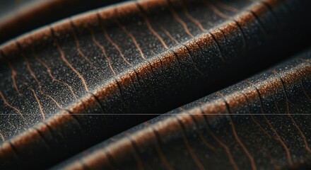 Close-up view of a textured material with dark brown and copper highlights, exhibiting a rippled surface