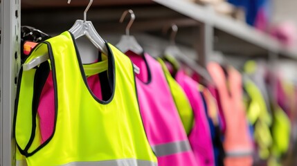 Several bright neon and pink high visibility safety vests hanging neatly on hooks in a row ready for use
