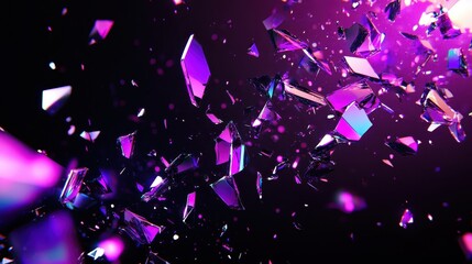 Shattered iridescent glass fragments catching and reflecting purple light against a dark background