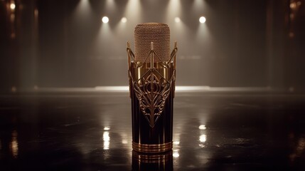 Ornate polished brass vintage microphone stands illuminated on a dark reflective stage with spotlights