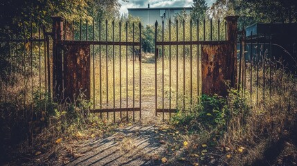 Old rusted iron gates with overgrown vegetation and a building in the background