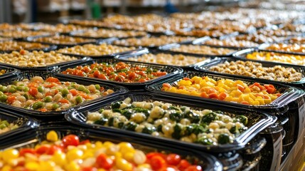 Rows of vacuum sealed emergency food packets showing nutrition and variety of prepared meals ready for distribution