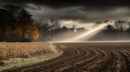 Sunbeams pierce through rain heavy clouds casting dramatic light across a misty autumn agricultural field with plowed furrows and distant trees