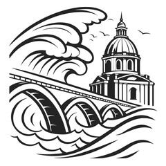 Title: A black and white of a grand building with a dome and a bridge in front of it © Abu