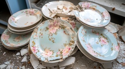 Shattered ceramic plates with faded floral designs