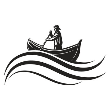 Title: A man rowing a boat with a paddle in calm waters with wavy lines rive black