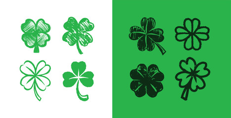 Obraz premium Lucky four and tree leaf clover set in hand drawn grunge style for Irish traditional holiday the Day of St. Patrick for seamless pattern and decoration for a party