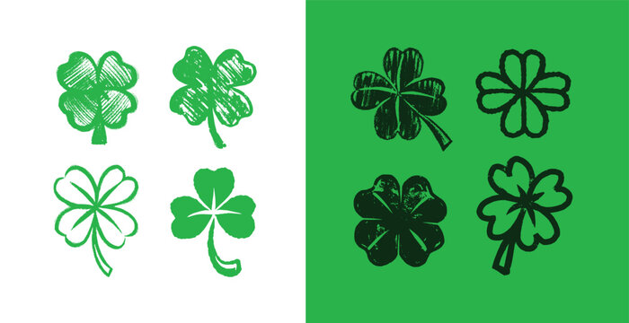 Lucky four and tree leaf clover set in hand drawn grunge style for Irish traditional holiday the Day of St. Patrick for seamless pattern and decoration for a party
