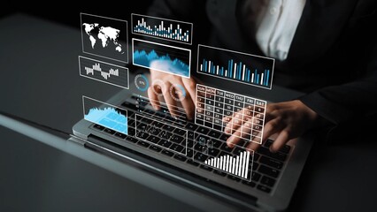 Data Analysis Concept with Charts and Graphs on Laptop Display by Professional in Office Environment for Business and Technology Themes Gluon.