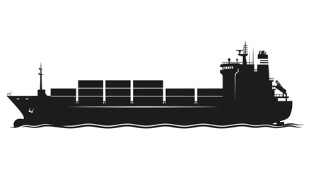 A striking black and white depiction of a large cargo ship transporting containers at sea silhouette © MIRAJ02