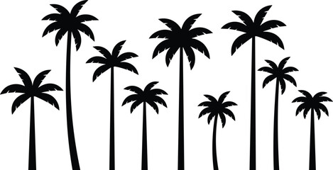 Collection of black palm tree silhouettes isolated on white background, tropical forest icons for summer design, travel branding, and decoration © Moksedul Creative