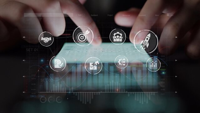 Project management dashboard showing project management strategy, planning, project management workflow, and project management team icons for better coordination. Muxer - Powered by Adobe
