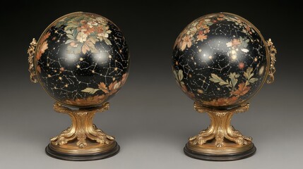 Two ornate gilded celestial globes displaying intricate constellations and floral patterns on decorative stands