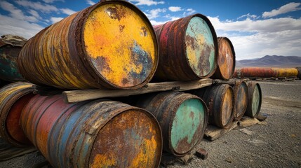 Stacked rusted oil barrels form a weathered industrial barrier outdoors under a blue sky