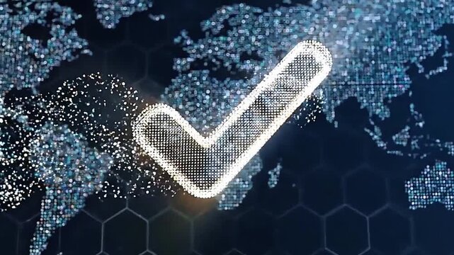 Glowing Checkmark on Digital World Map with Network Connections