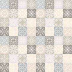 Seamless pattern with ethnic floral mandala tiles. Decorative mosaic pattern featuring abstract floral mandalas in soft neutral colors
