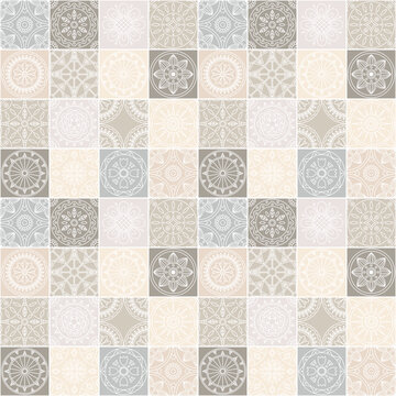Seamless pattern with ethnic floral mandala tiles. Decorative mosaic pattern featuring abstract floral mandalas in soft neutral colors