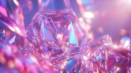 Abstract geometric iridescent crystal prisms with shimmering light refraction and glowing facets