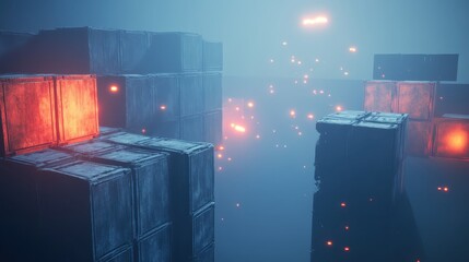 Reinforced barricades made from stacked crates create a defensive wall in a foggy industrial environment with glowing orange sparks