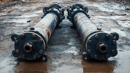 Two large disconnected hydraulic cylinders lying on their sides on wet muddy ground
