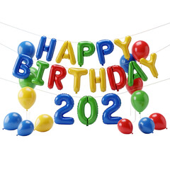 Happy birthday 2023 colorful balloons and letters isolated on transparent background