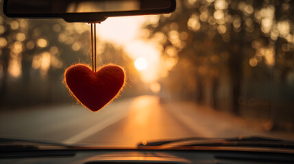 Red heart hanging in car during golden hour road trip