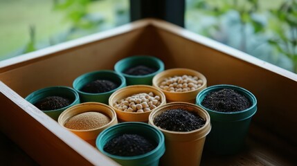 Small colorful containers holding various seeds and soil for planting and gardening projects arranged in a shallow depth display with soft natural light