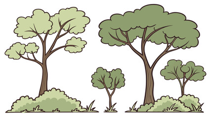 a charming illustration of various lush green trees and bushy shrubbery with a dark silhouette