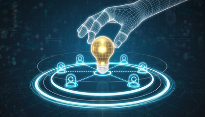 Conceptual representation of innovation and teamwork with a glowing lightbulb being held by a digital hand, connected to various icons