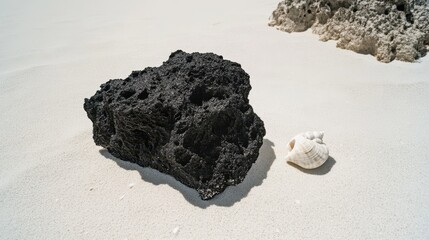Smooth dark volcanic rock placed carefully on a bed of sand with a small shell