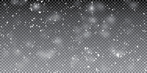 Winter snow overlay with falling snowflakes on dark transparent background - realistic white flake particles floating down for  design, holiday decoration and seasonal effect composition. © Creative